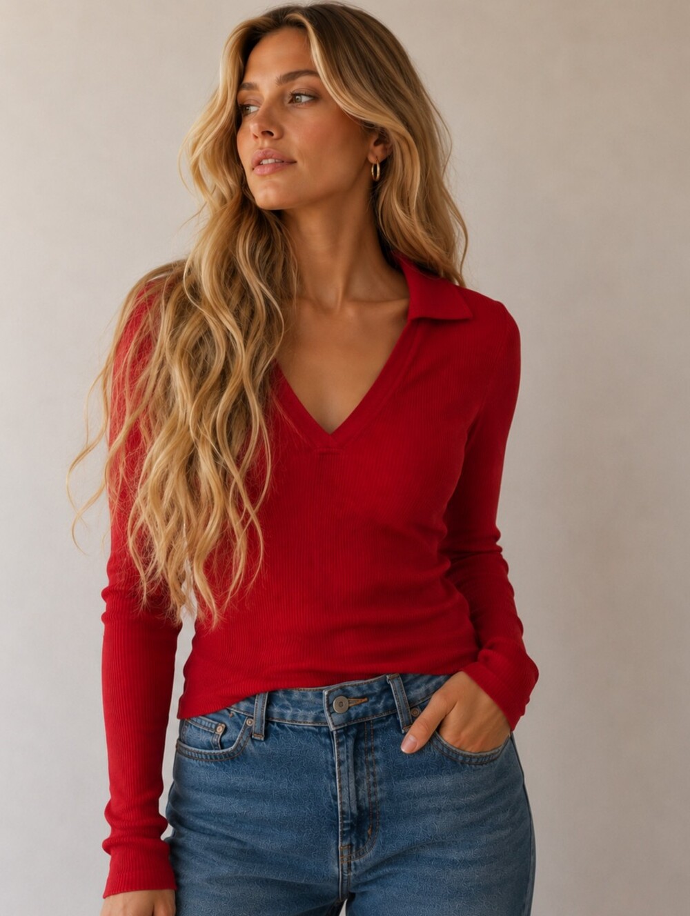 Dolan Left Coast Anthropologie Red Ribbed Knit V-Neck Collared Long Sleeve XS